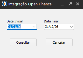 Janela Integração Open Finance para informar o período