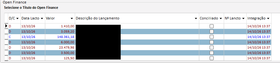 Movimentações do banco na grade do Extrato Bancário