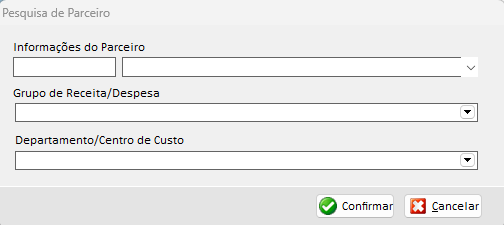 Janela Pesquisa de Parceiro com Grupo de Receita/Despesa e Centro de Custo